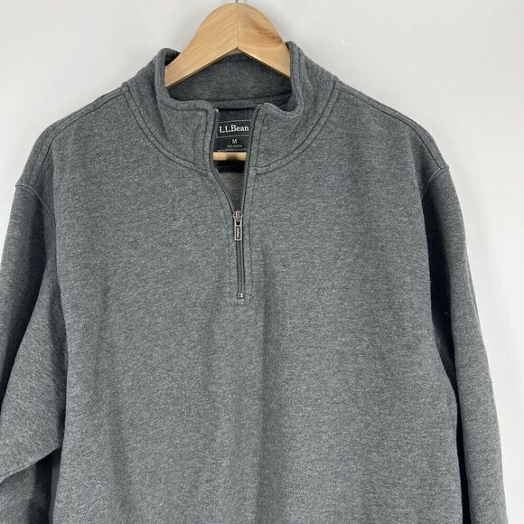 LL Bean Sweatshirt Size Medium Mens Gray Half Zip Fleece Cotton Pullover Pockets - Picture 2 of 7